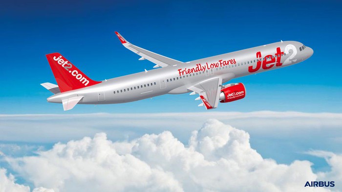 A rendering of an A321neo in the Jet2.com livery.