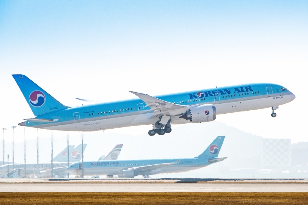 This file photo provided by Korean Air shows a B787-9 passenger jet taking off from Incheon International Airport in Incheon, just west of Seoul. (Korean Air)