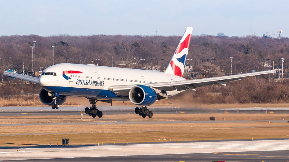 British Airways airplane in mid-takeoff