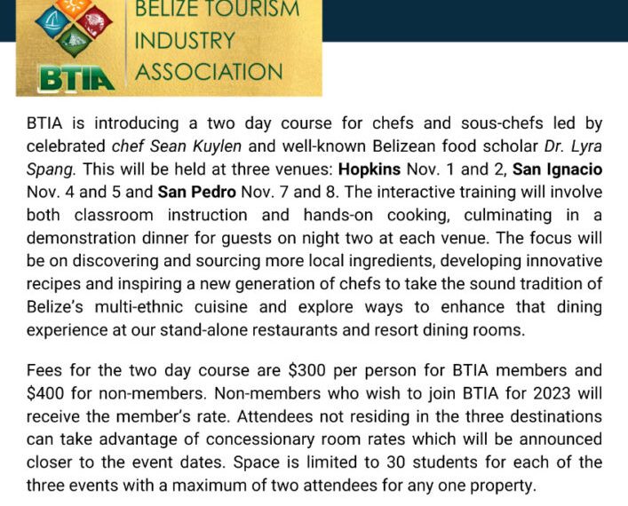 Belize Tourism Industry Association hosting a 2-day course for chefs and sous chefs