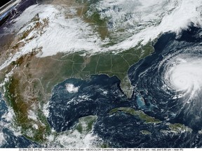 This satellite image provided by NOAA shows Hurricane Fiona in the Atlantic Ocean near Bermuda, moving north on Thursday, Sept. 22, 2022.