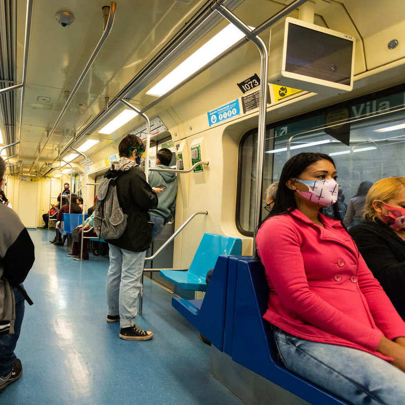 Commuters Wearing Face Masks In The Sao Paulo Metro During Covid Pandemic, Sao Paulo, Brazil