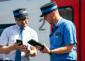 Belgian Railway agents confer in front of train car using Samsung tablets