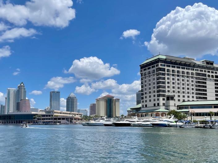 view of tampa bay white and gray buildings from water