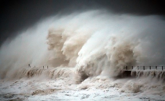 Storm Babet battering the Heugh Breakwater at Hartlepool on the north-east coast of England, Friday, October 20, 2023. See SWNS story SWNAbabet.