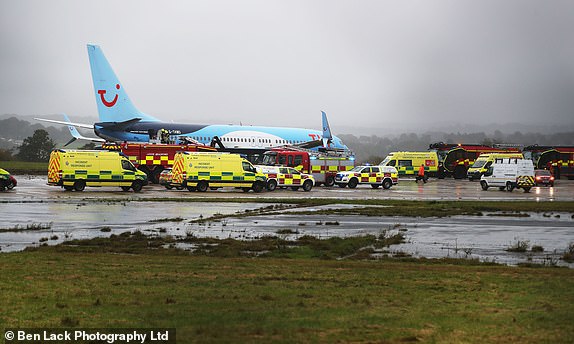 Copyright Ben Lack Photography LtdA Tui passenger plane has left the runway at Leeds Bradford Airport in bad weather. Passengers are led from the plane by firefighters,Pic Ben Lack 07970 850611Â£150 minimum use, irrespective of any previous use. Â£50 for internet use, irrespective of any previous use.