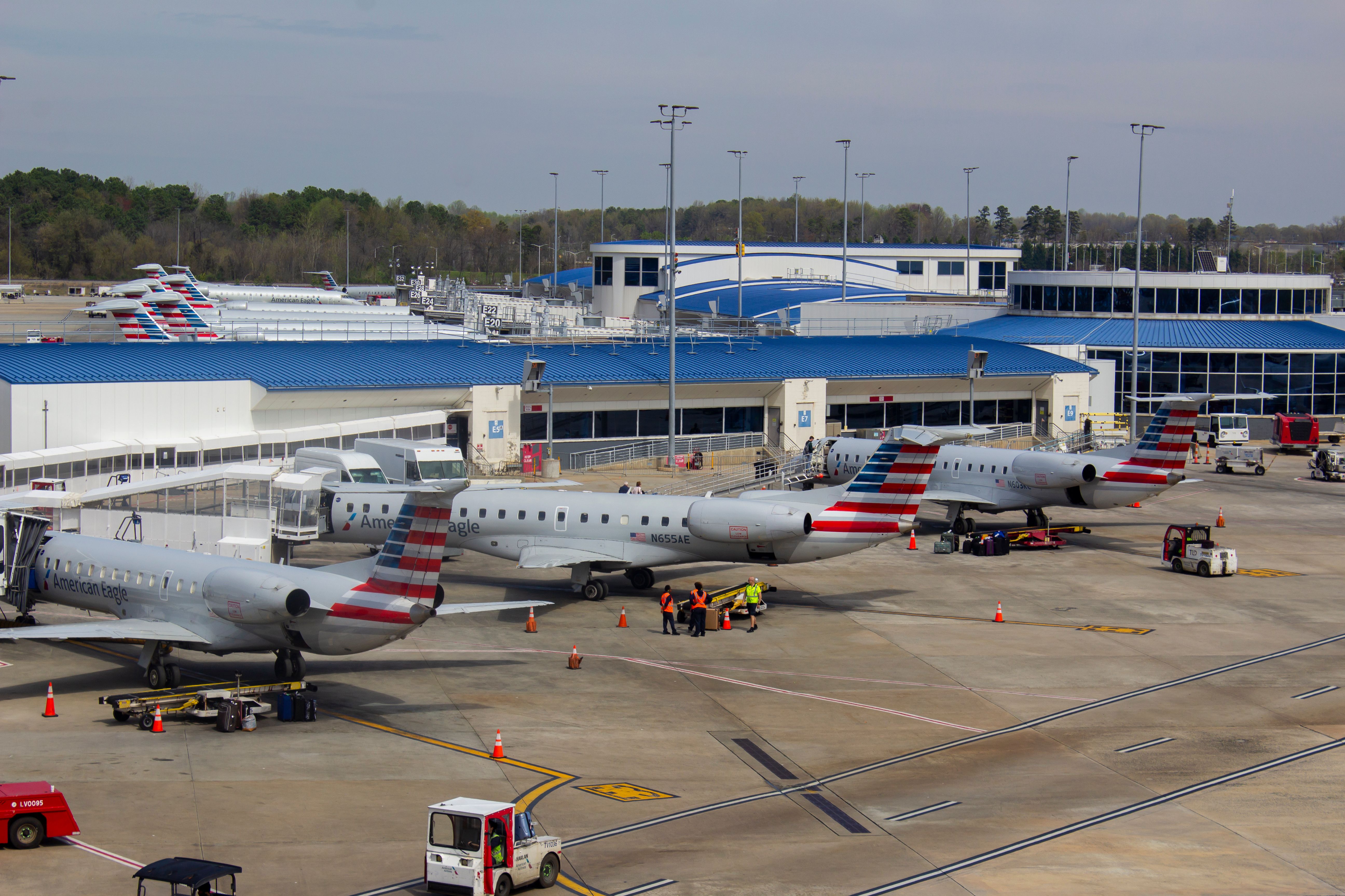 Several American Airlines regional aircraft parked at Charlotte Douglas Int'l.