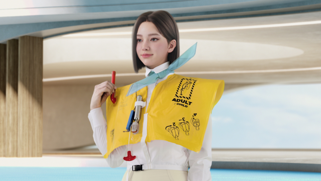 Virtual Rina from Korean Air demonstrates life vest usage in case of an emergency.