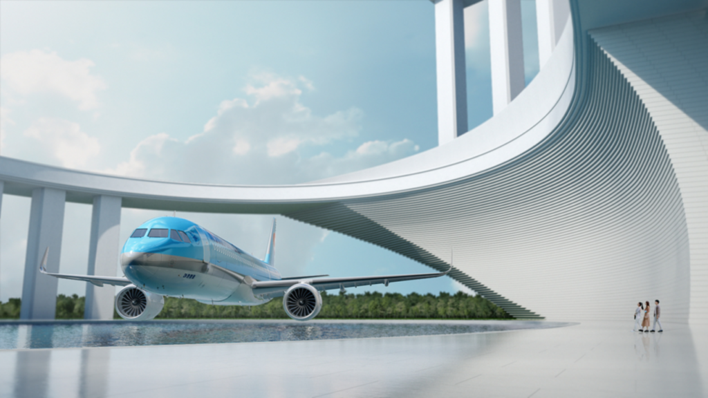 Korean Air aircraft is seen at the center of an art installation in this rendering.