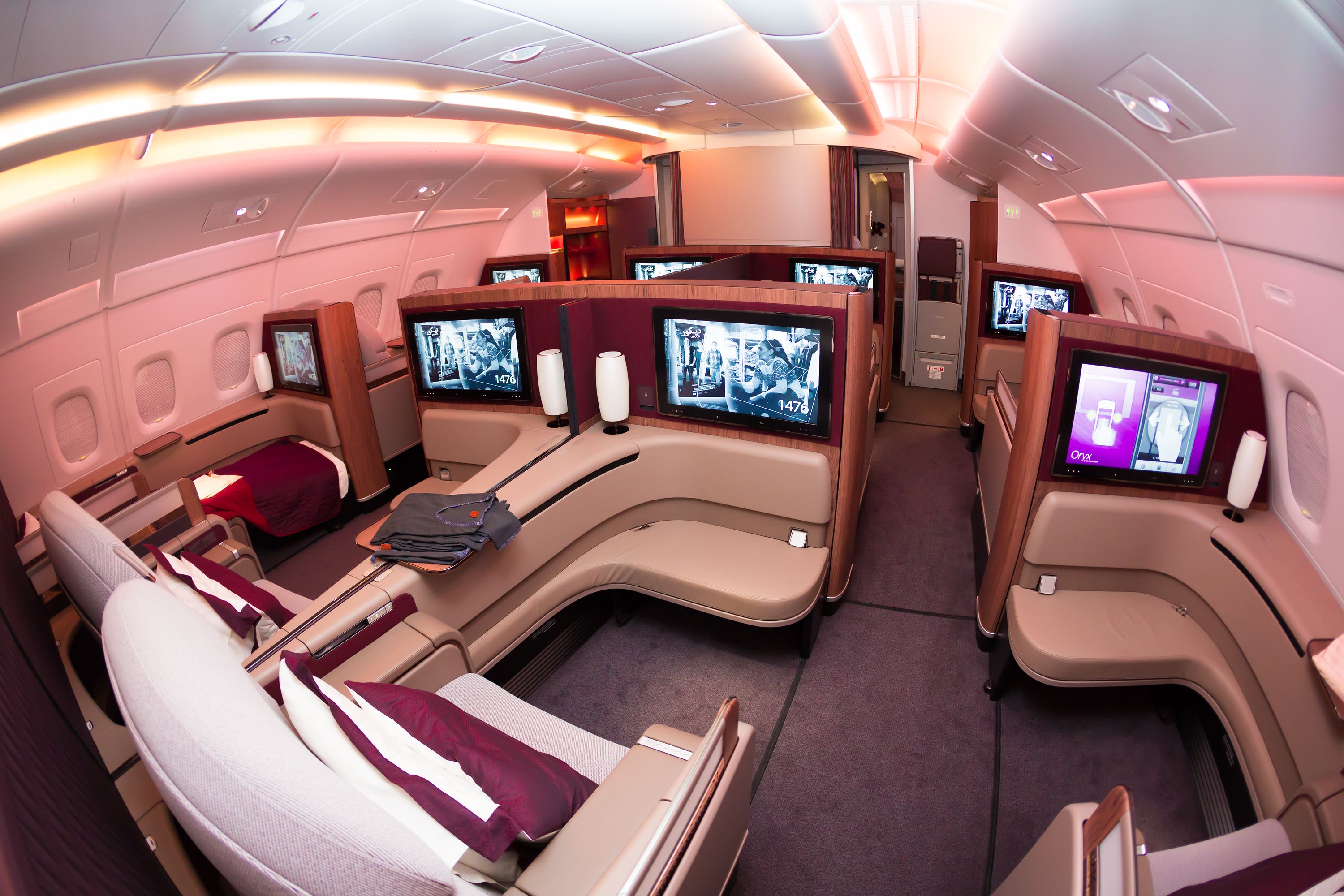 Inside Qatar Airways First Class Cabin.