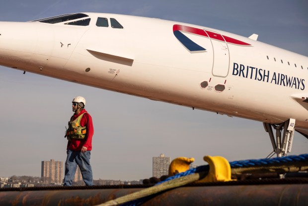 A retired British Airways Concorde supersonic aircraft is docked next to the Intrepid Museum, Thursday, March 14, 2024, in New York. (AP Photo/Yuki Iwamura)
