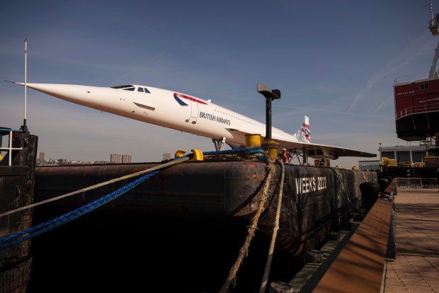 A retired British Airways Concorde supersonic aircraft is docked next to the Intrepid Museum, Thursday, March 14, 2024, in New York. (AP Photo/Yuki Iwamura)