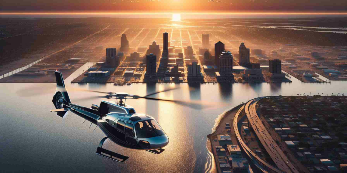 Realistic high-definition image of a helicopter flying over Corpus Christi, allowing tourists to experience a bird's eye view of the city's beautiful landscape. The scene includes the gleaming waters of the gulf, the shimmering city skyline at sunset, and the intricate network of roads and buildings below. The helicopter, a modern tourist aircraft, hovers in the sky, its rotors spinning rapidly, casting fleeting shadows over the cityscape.