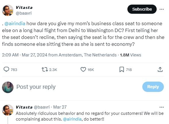 Woman lashes out at Air India for giving her mother's business class seat to someone else. 