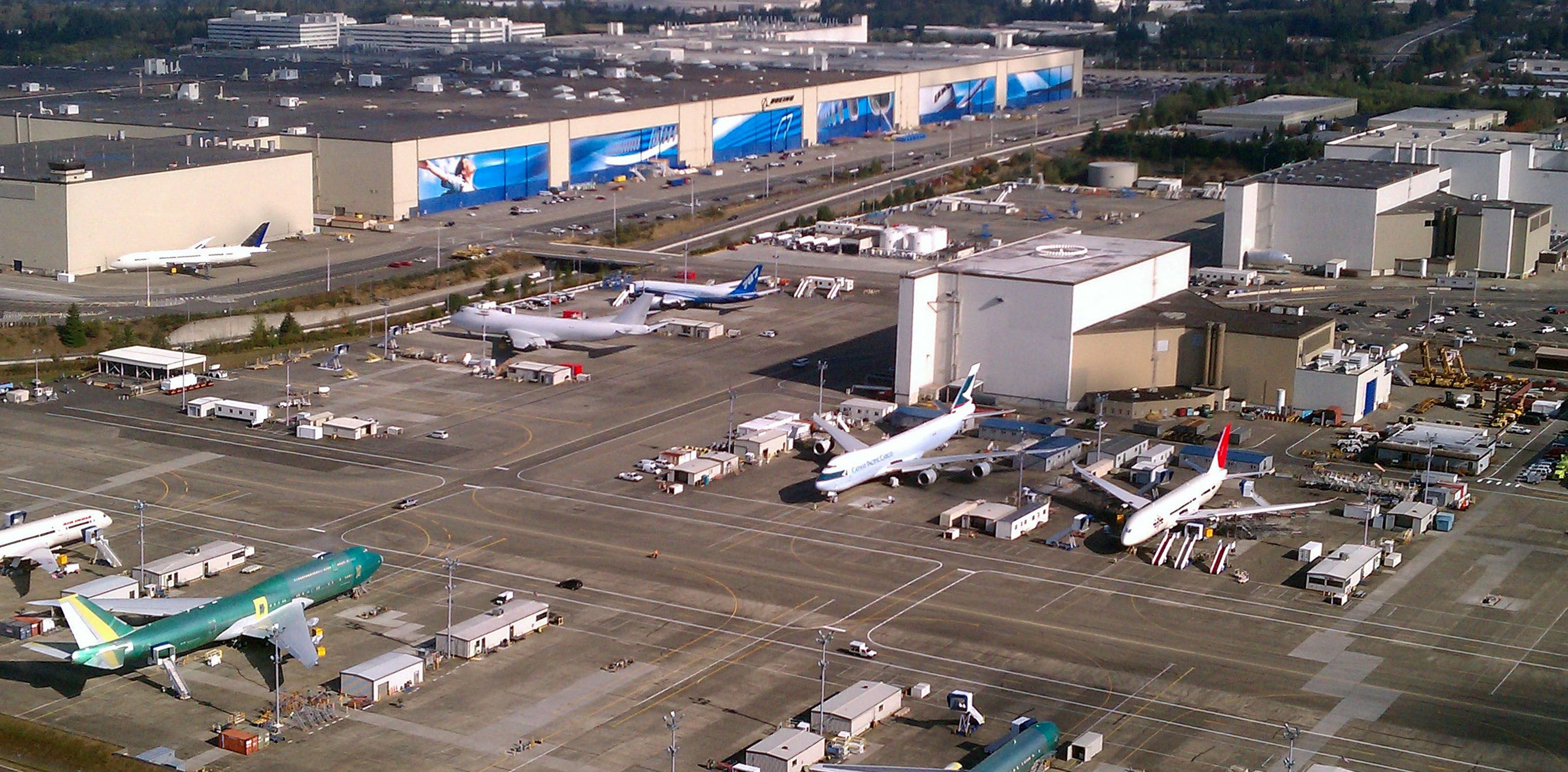 An aerial view of the Boeing Everett factory.