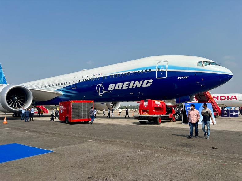 The Boeing 777X test jet on display at the Wings India air show in January.Taylor Rains/Business Insider