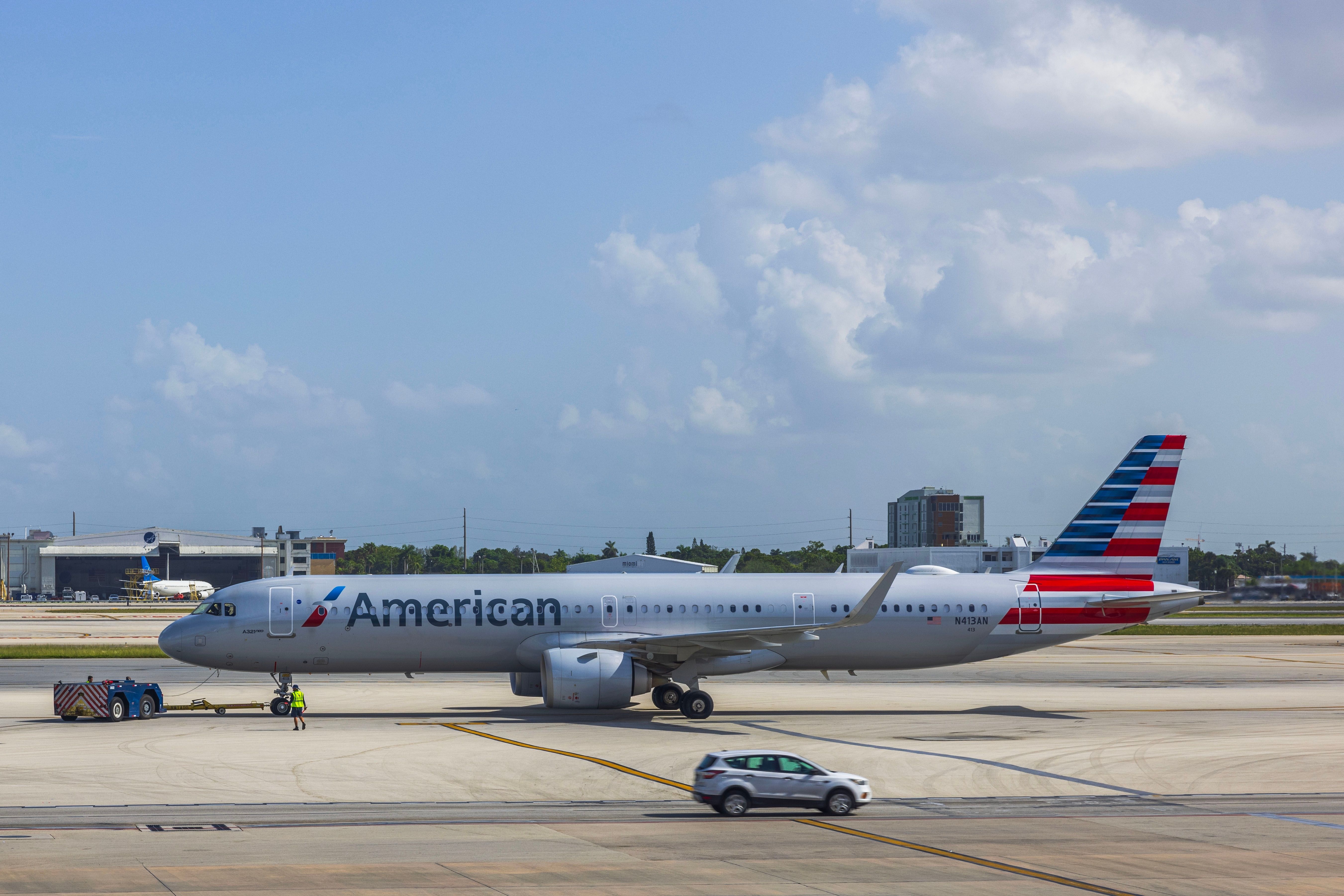 An American Airlines Airbus A321neo on an airport apron.