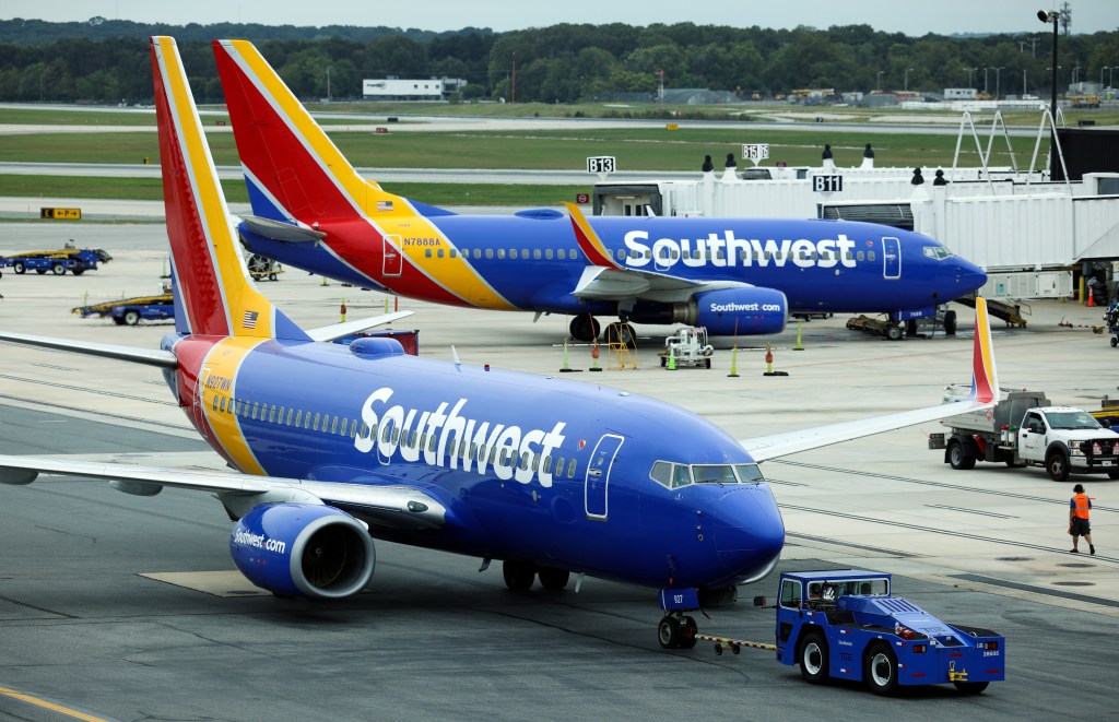  Southwest Airlines airplane taxies from a gate at Baltimore Washington International Thurgood Marshall Airport on October 11, 2021 in Baltimore, Maryland