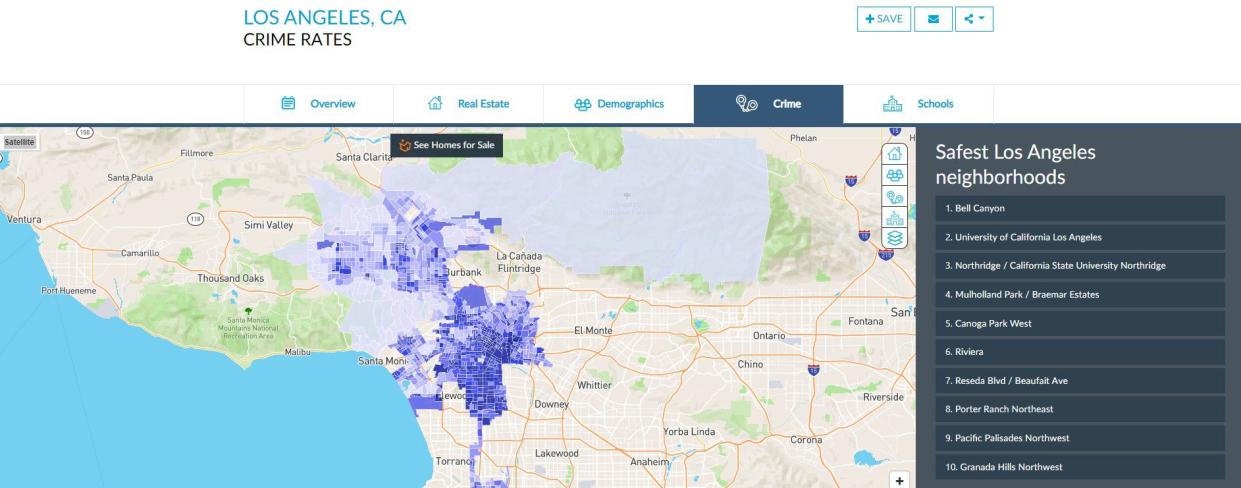 Screenshot of NeighborhoodScout crime map of Los Angeles