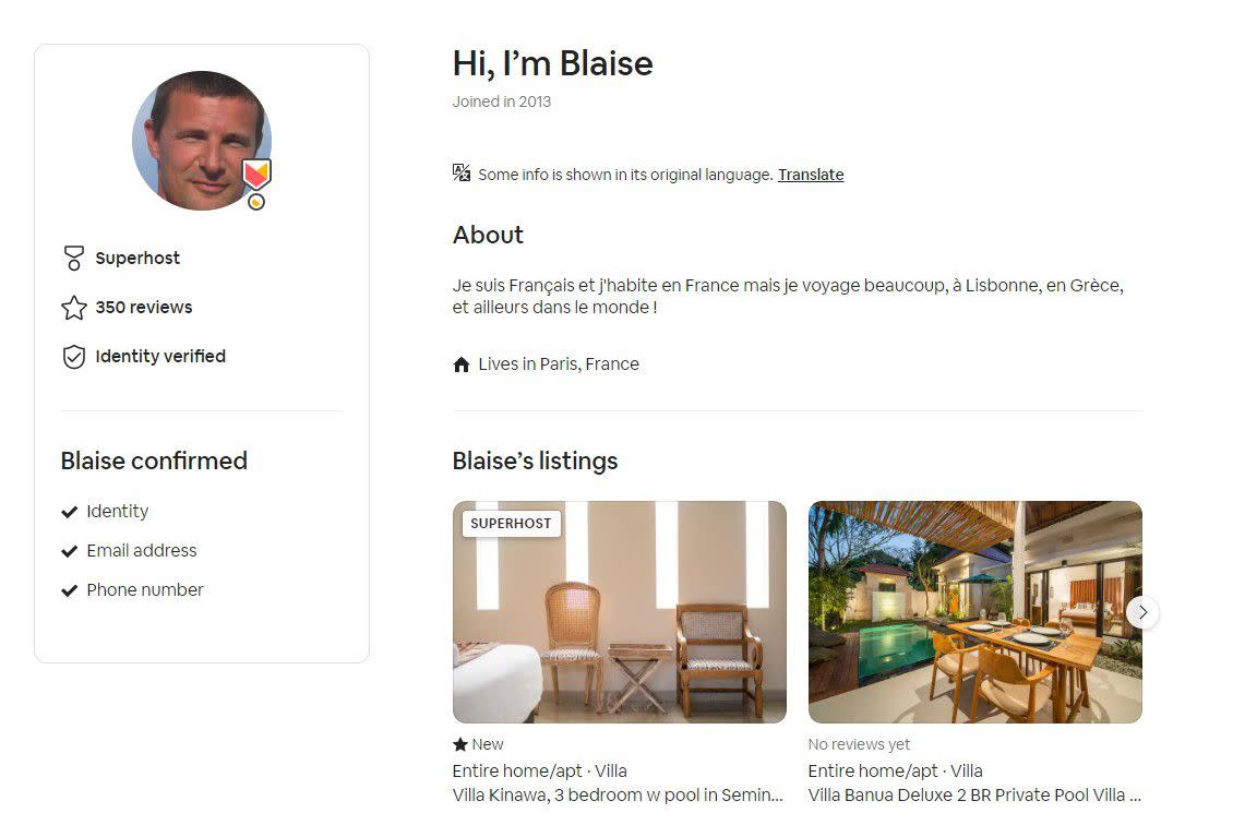 Screenshot of Airbnb host's profile