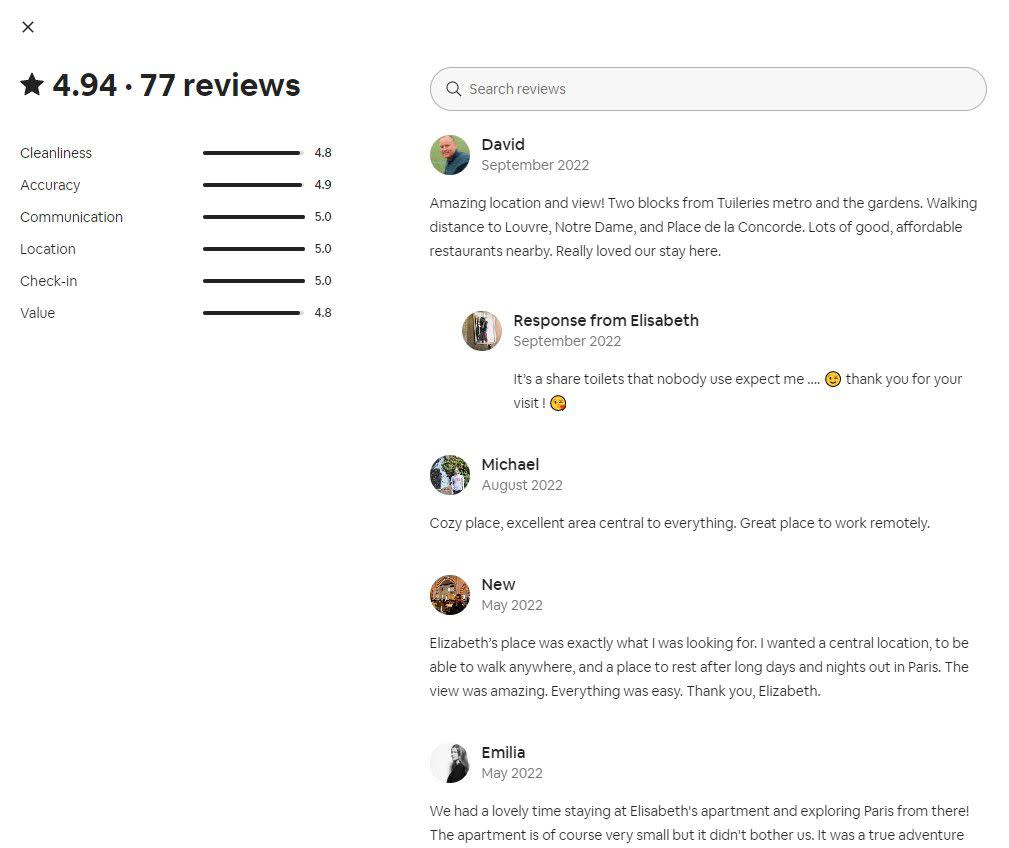 Screenshot of reviews for an Airbnb in Paris