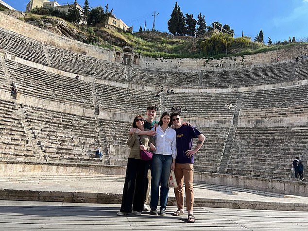 The Dewey family visiting the Roman Amphitheatre in Amman, Jordan.  Jon Dewey, his wife Sam, and their sons Gabriel, 23, and Jem, 18, had been visiting his 21-year-old daughter Joely, who is studying Arabic at a language school in the middle eastern state, over the Easter holidays