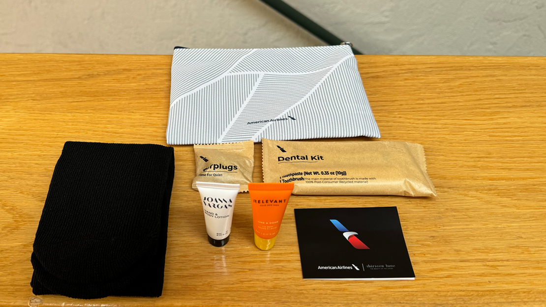 Inside the new American Airlines premium economy amenity kit.