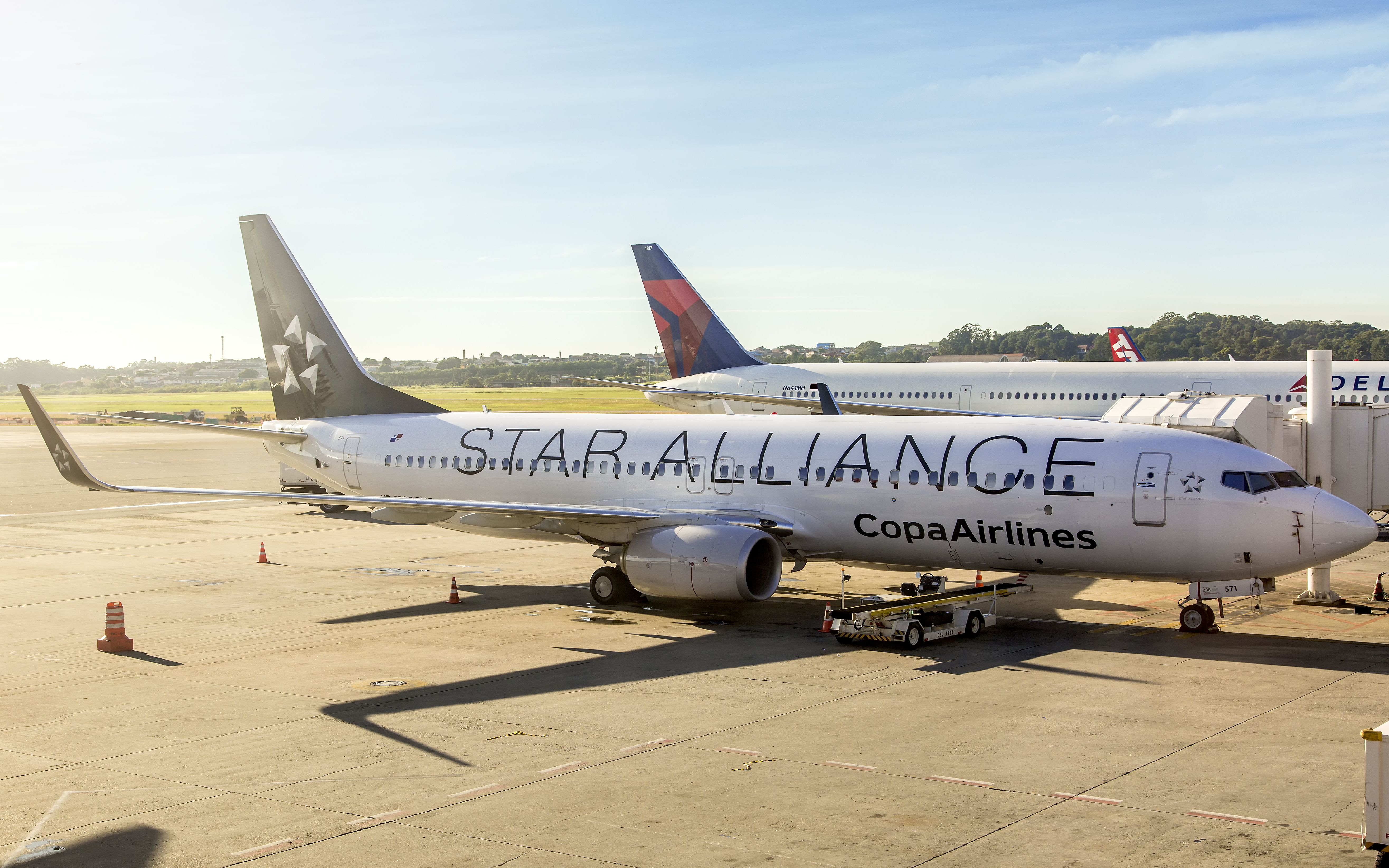 A Boeing 737-800 of Copa Airlines with Star Alliance livery parked on an airport apron.