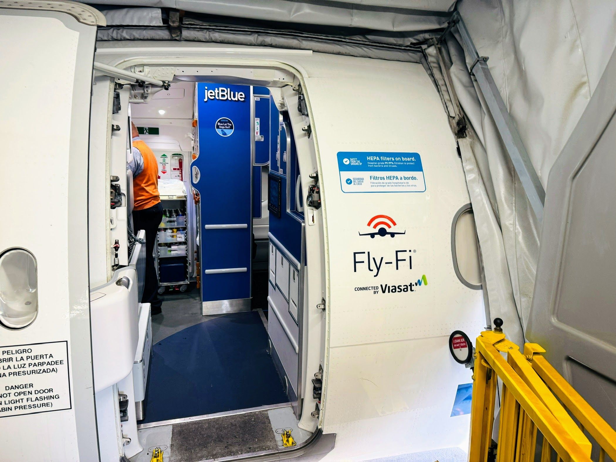 The JetBlue Aircraft name just inside the aircraft