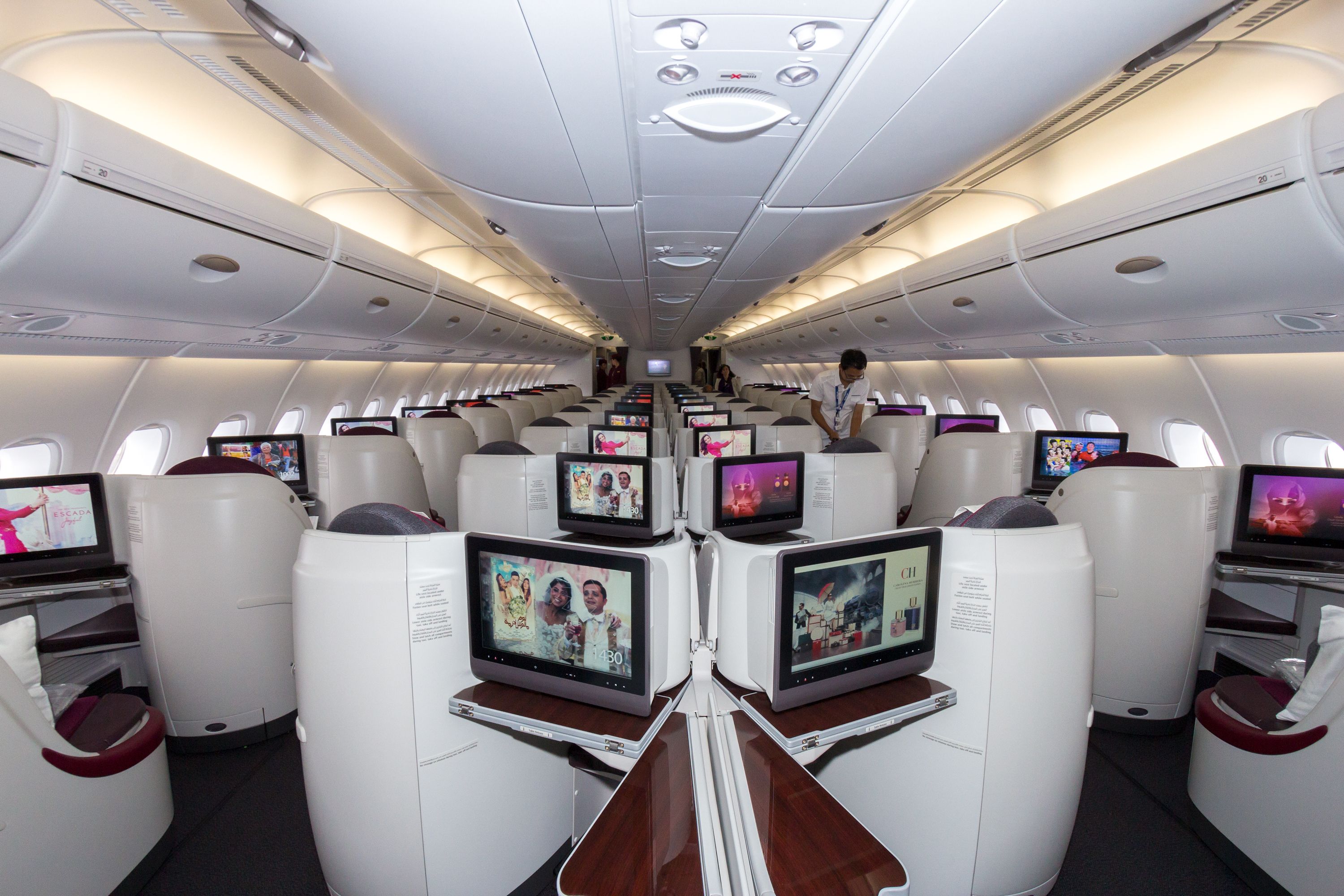 Inside Qatar Airways Airbus A380 business class cabin.